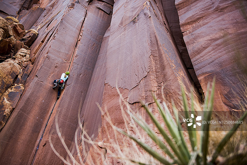 在沙漠中攀岩的女人图片素材