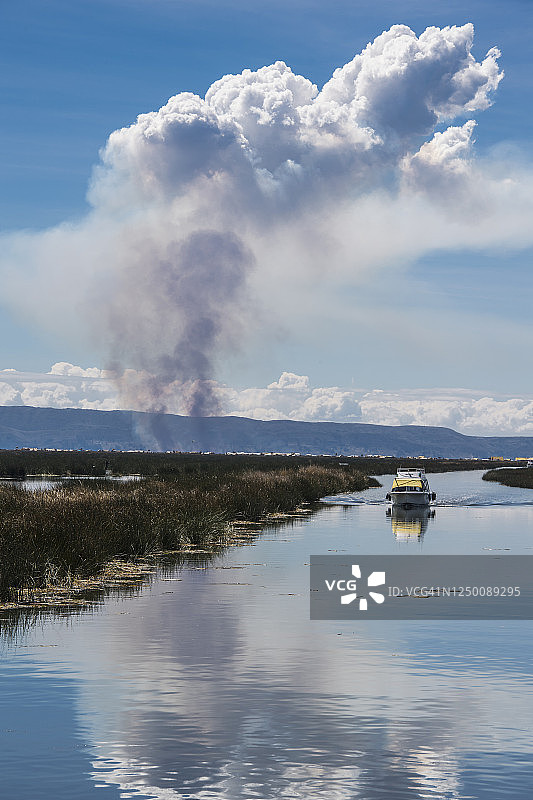 的的喀喀湖浮岛上的船只，靠近普诺图片素材