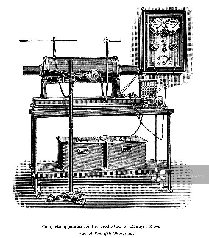 伦琴X射线完整设备的古老雕刻插图图片素材