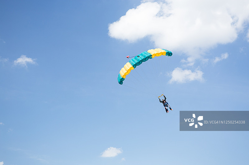 几名女子和教练在空中进行串联跳伞图片素材