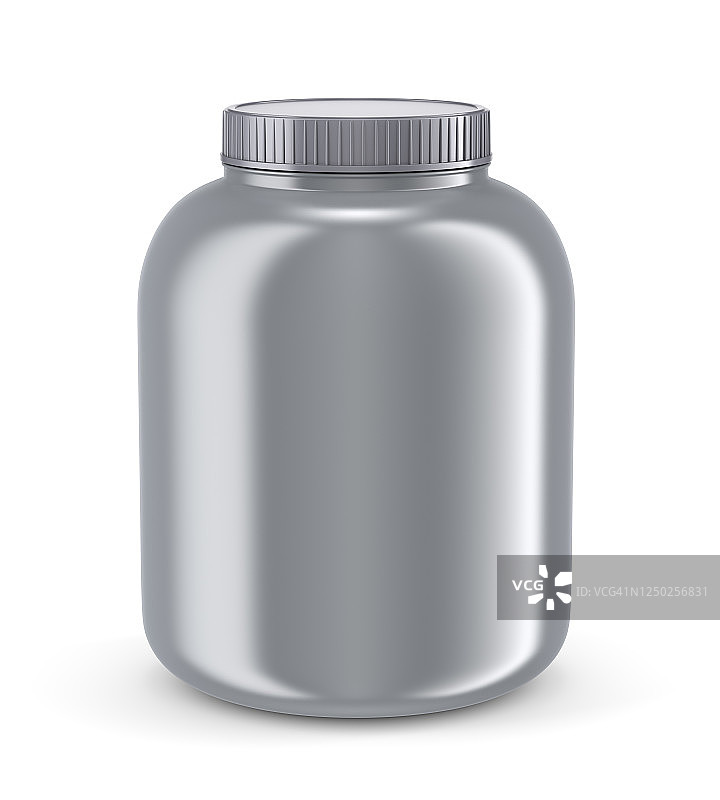 白色背景上的灰色塑料蛋白粉罐图片素材