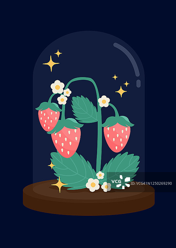 蓝色背景玻璃罩中展示的可爱粉色草莓树矢量图图片素材