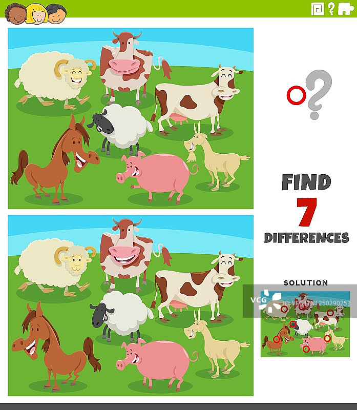 与漫画农场动物的差异教育游戏图片素材