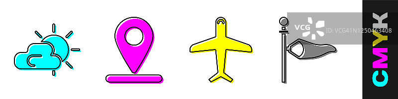 太阳和云天气，位置，飞机和锥气象学风向标风标图标矢量素材图片素材