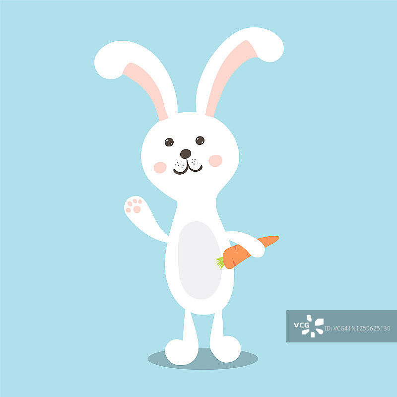 蓝色背景上带胡萝卜的复活节白色兔子矢量插画图片素材