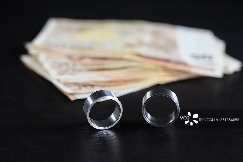 对金钱的喜爱。两个结婚戒指和模糊的欧元钞票背景图片素材
