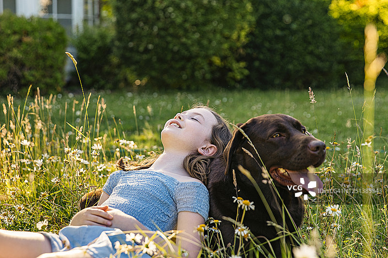 倚靠在宠物狗身上的年轻女孩图片素材