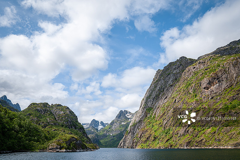 挪威斯沃尔韦尔峡湾和崎岖山脉的风景图片素材