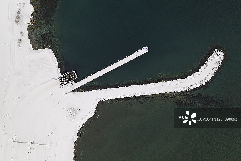 无人机拍摄挪威北海被雪覆盖的小港口图片素材