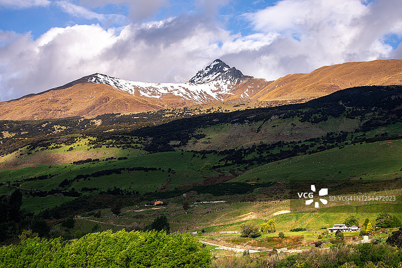 山谷中的绿色田野图片素材