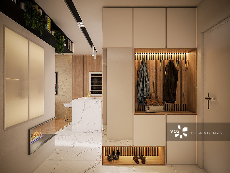 电脑生成的走廊图像，建筑可视化，3D渲染图片素材