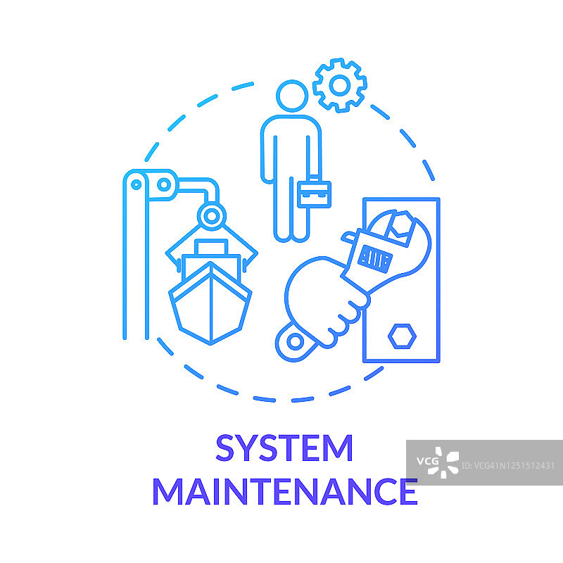系统维护蓝色概念图标。造船工人。干船坞里的船。船维修工程师。船的想法细线插图。矢量隔离轮廓RGB彩色绘图图片素材