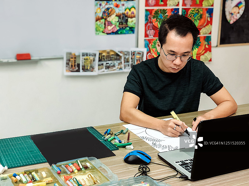 美术学校里，男老师在线授课图片素材