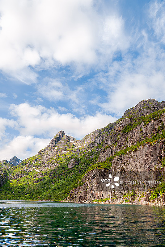 挪威奥斯图沃格亚俯瞰平静峡湾的山脉图片素材
