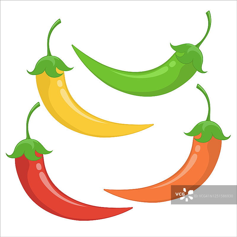 白色背景上的彩色辣椒矢量集。逼真的表现图片素材