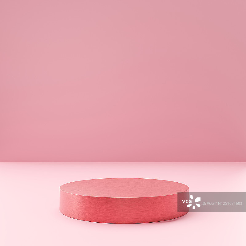 带有圆柱支架概念的简单背景上的粉色产品展示台或展示柜基座。粉色工作室领奖台或平台产品模板。3D渲染。图片素材