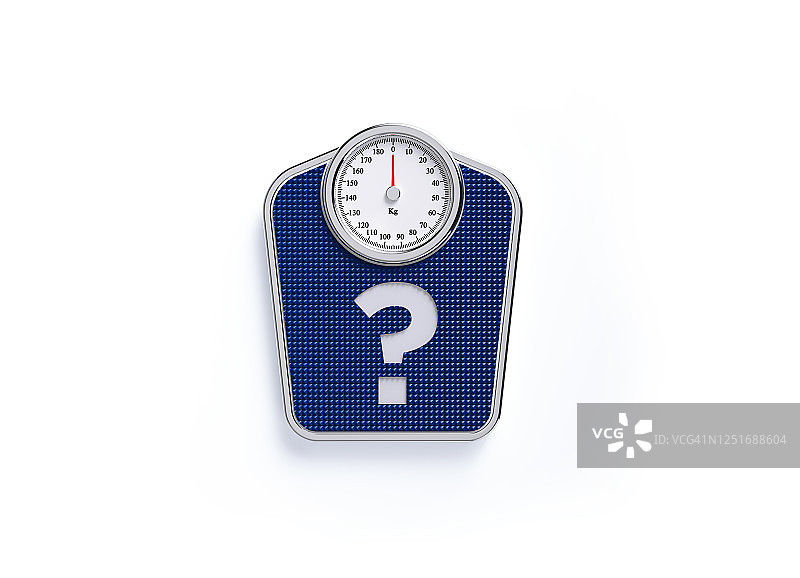 白色背景上写有问号的蓝色浴室秤图片素材