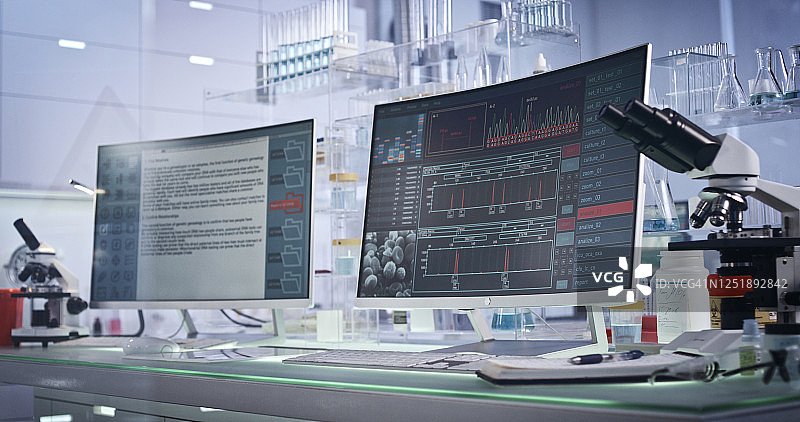 未来主义实验室设备：电脑屏幕上的DNA研究图片素材