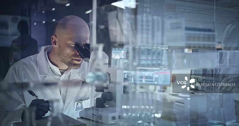 科学家使用显微镜工作：研究伙伴在后台图片素材