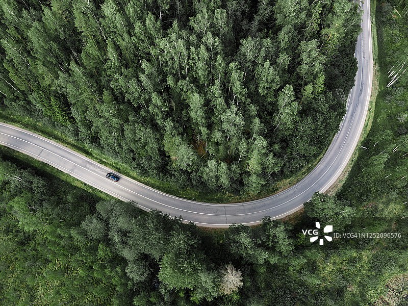 森林中蜿蜒道路的俯瞰航拍图图片素材