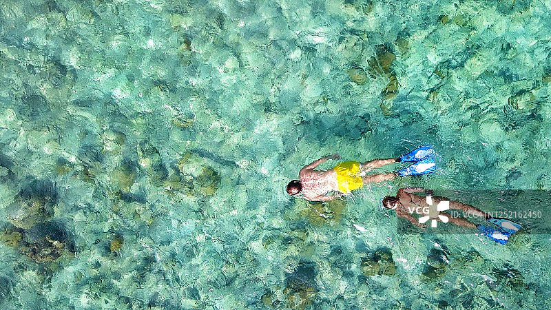 情侣在清澈碧绿的泻湖中游泳和浮潜的俯视图，在阳光明媚的日子里观察珊瑚礁和岩石上的海洋生物图片素材