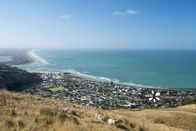 新西兰南岛基督城萨姆纳海滩鸟瞰图片素材