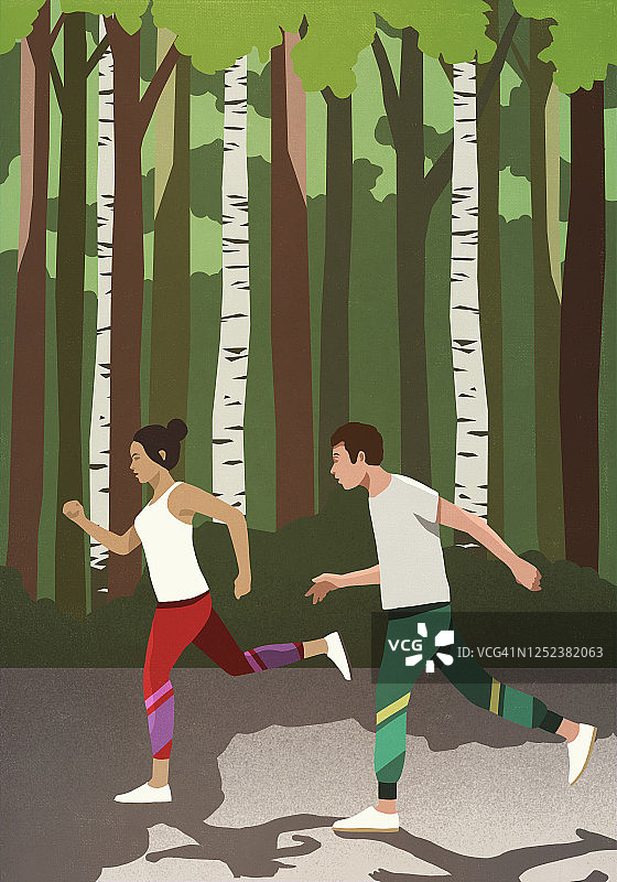 情侣在阳光明媚的公园里慢跑图片素材