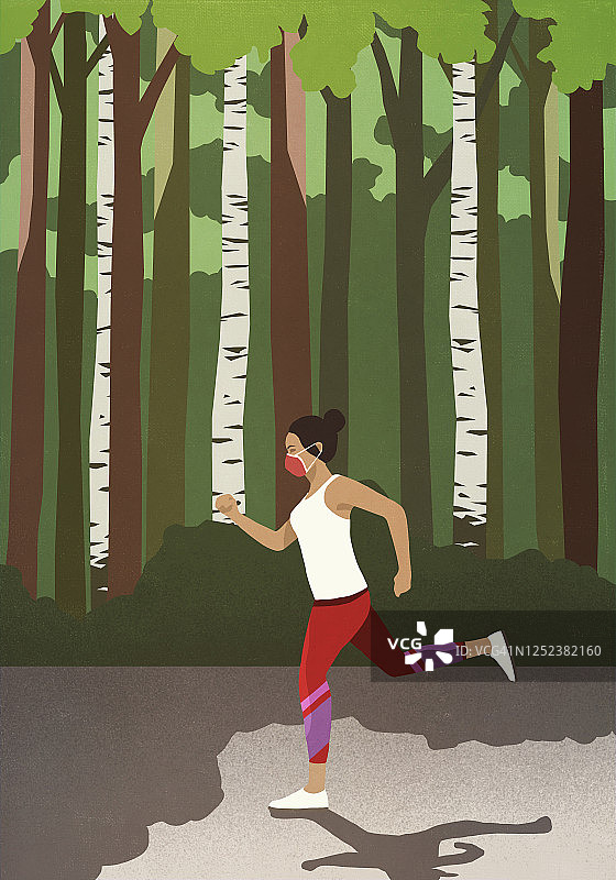 戴防护面罩的女人在阳光明媚的公园里慢跑图片素材