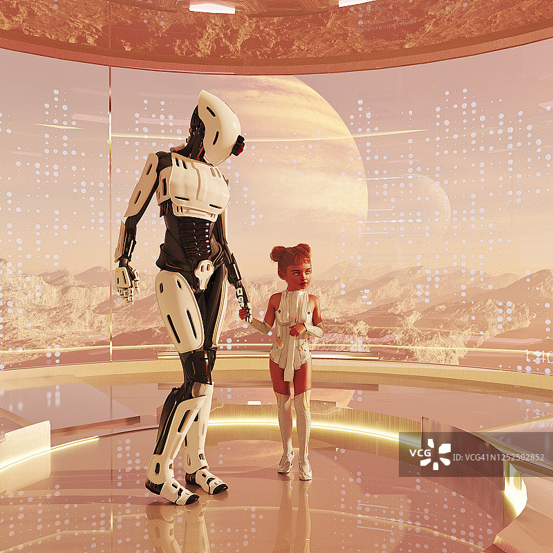 女机器人照顾正在观看星球景观的小女孩图片素材