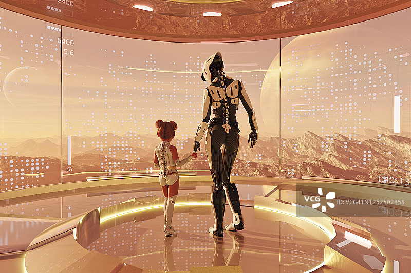 女机器人照顾正在观看星球景观的小女孩图片素材