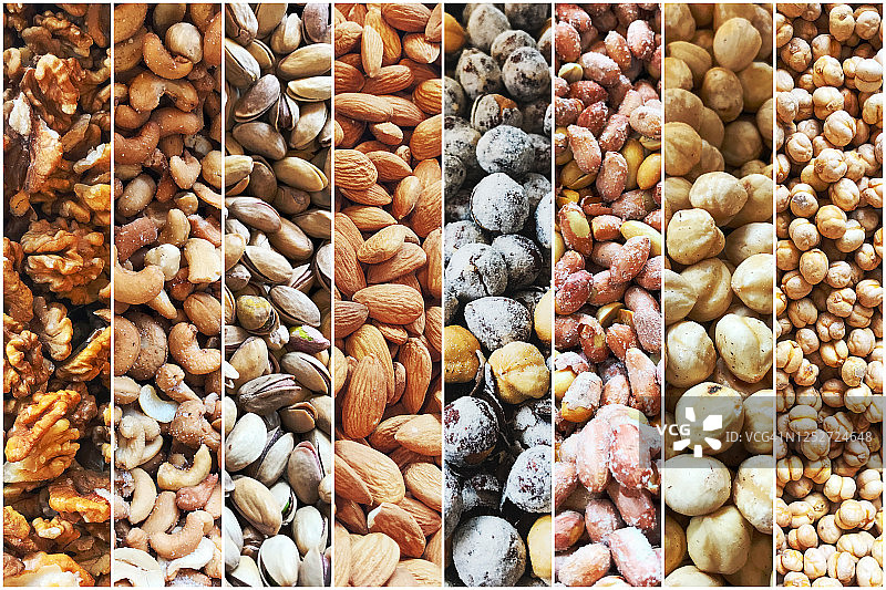 坚果组合背景：核桃、腰果、开心果、杏仁、榛子、花生和鹰嘴豆图片素材