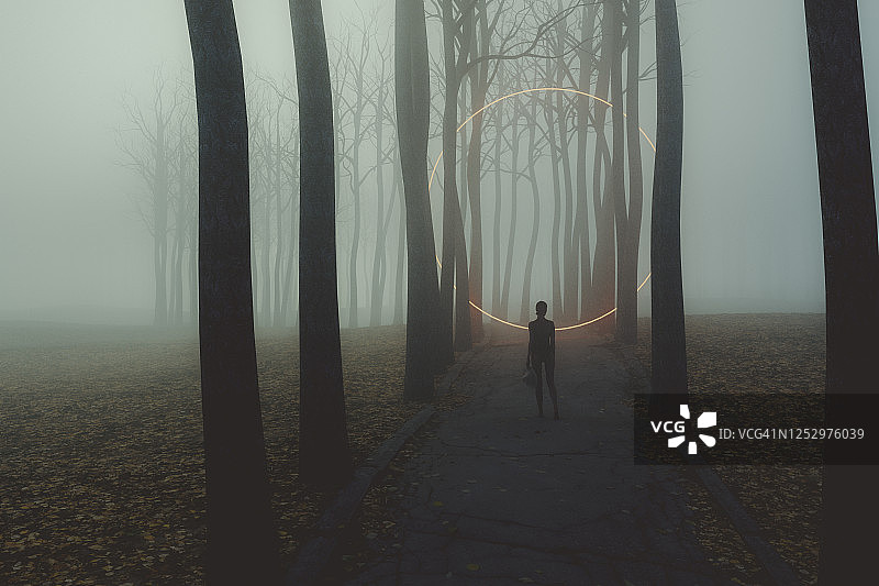 有女人站立的奇幻乡村道路图片素材