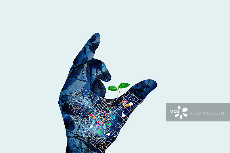 电子人的手和嫩叶图片素材