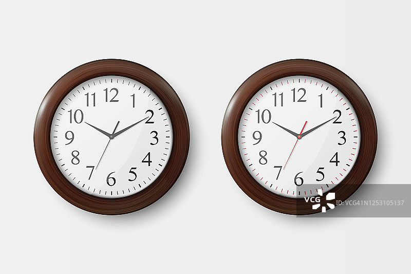 3D逼真简约圆形木质办公室挂钟白色表盘图标图片素材