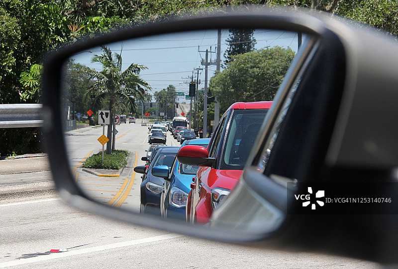 后视镜中反射的交通景象特写图片素材