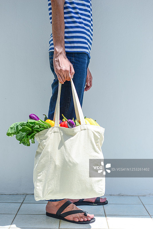 拿着可重复使用购物袋的亚洲男人图片素材