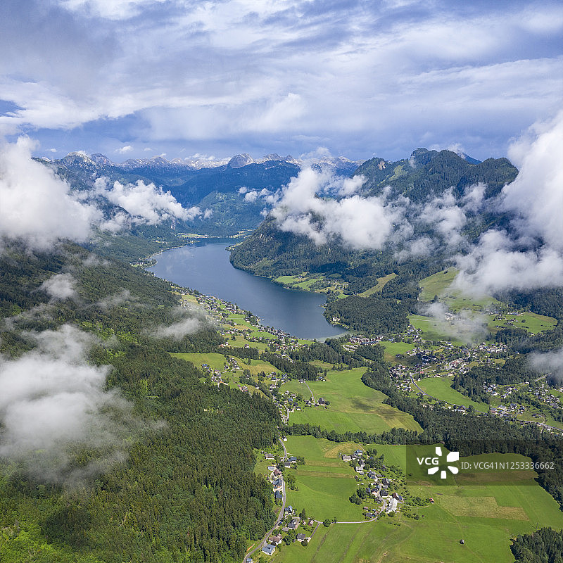 奥地利格伦德尔湖航拍全景图片素材