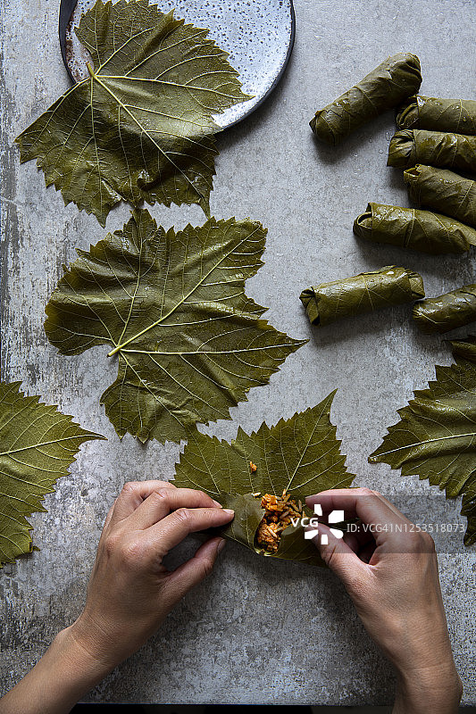 手卷酿馅葡萄叶（koupepia / dolmades）图片素材