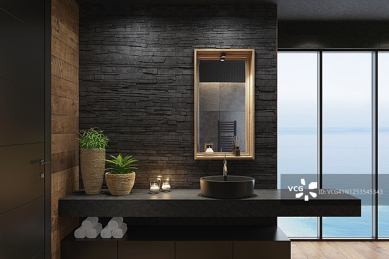具有磨砂黑墙和乡村木镜的奢华现代家庭水疗浴室图片素材