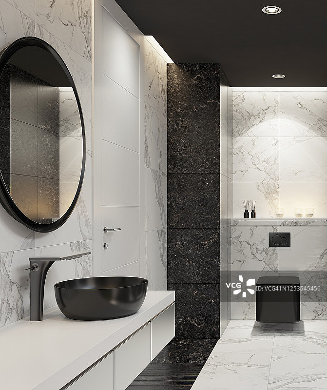 带有黑白色大理石瓷砖的豪华现代家庭水疗浴室图片素材