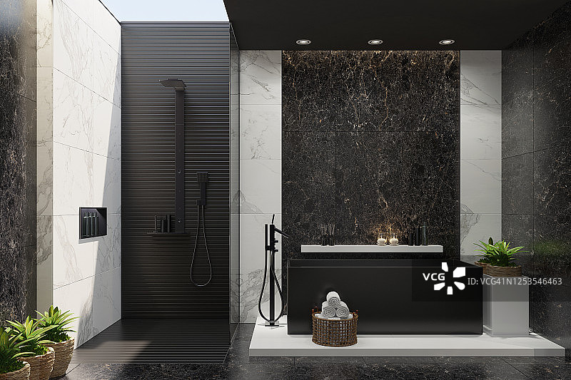 带有黑白色大理石瓷砖的豪华现代家庭水疗浴室图片素材
