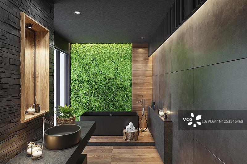 带哑光黑色瓷砖和绿色苔藓植物墙的奢华现代家庭水疗浴室图片素材