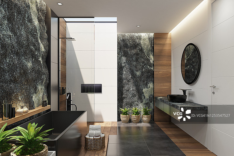 豪华现代别墅中的Spa浴室，配有巨大的天然岩石墙图片素材