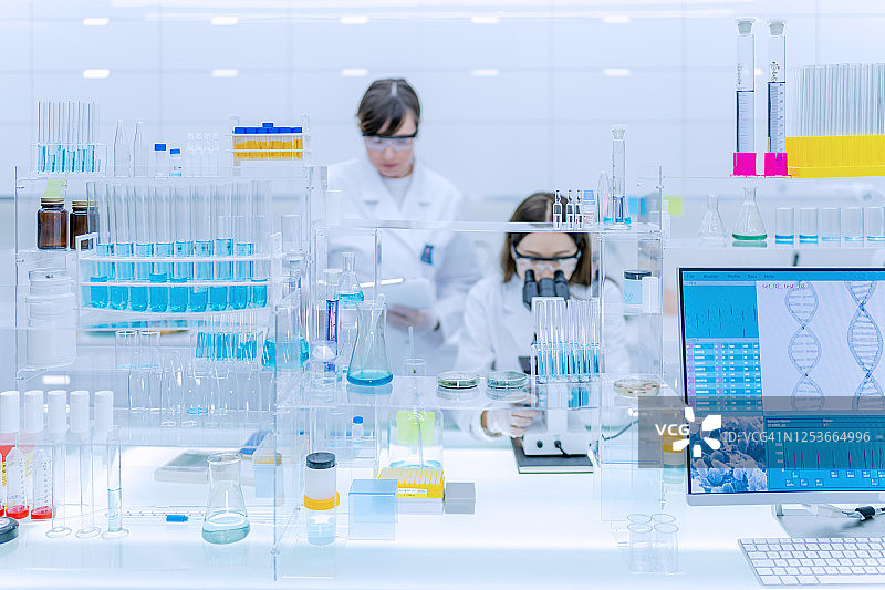 研究DNA样本的女性团队，前景是带有DNA螺旋的电脑屏幕图片素材