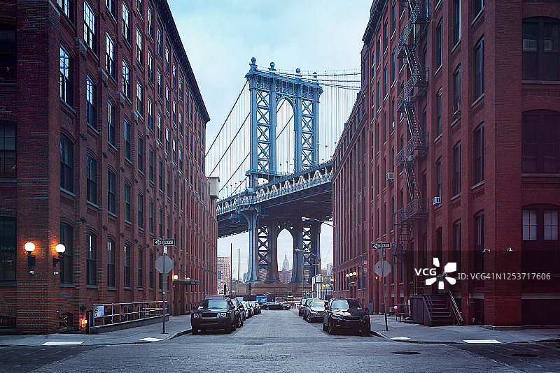 楼宇之间的布鲁克林大桥图片素材