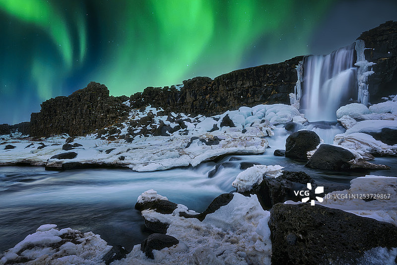 欧克萨拉尔瀑布上的北极光图片素材