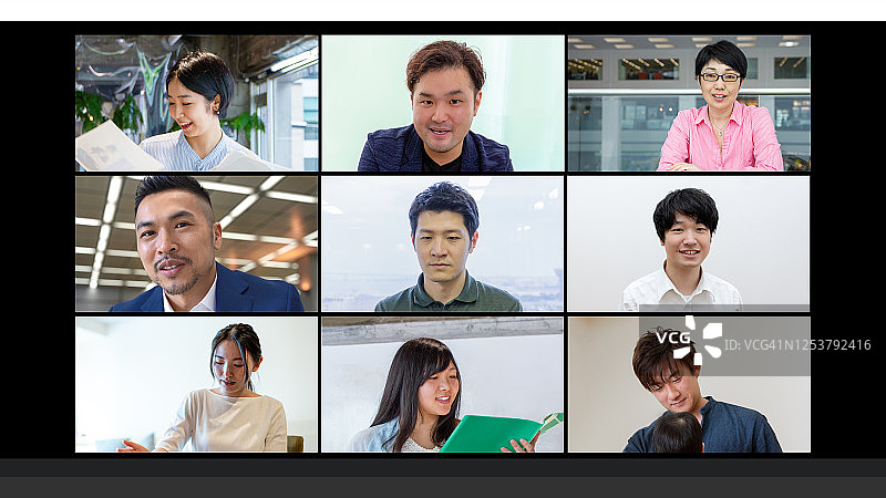 九位亚洲商人视频会议屏幕图片素材