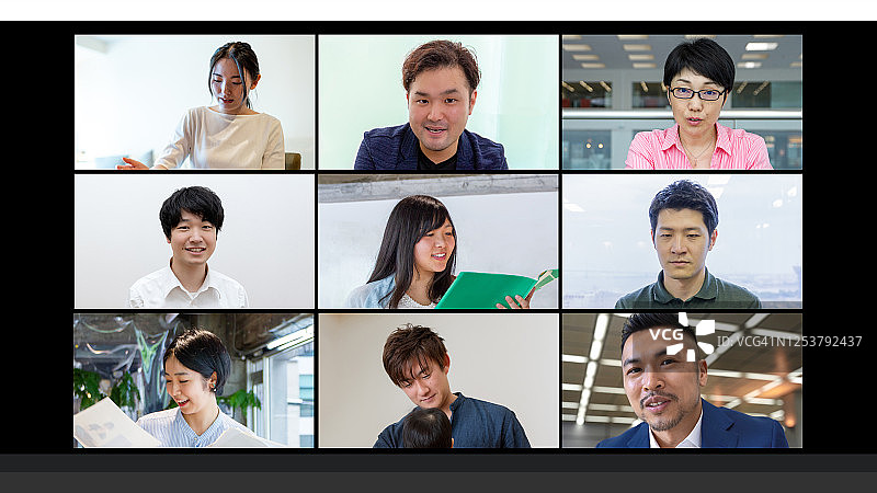 九位亚洲商人视频会议屏幕图片素材