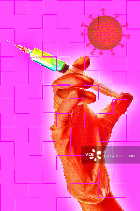 疫情病毒大流行概念图。醒目的彩色图像。戴手套的手。医生或护士。通过注射器接种疫苗，可见液体。引人注目的彩色图像。图片素材