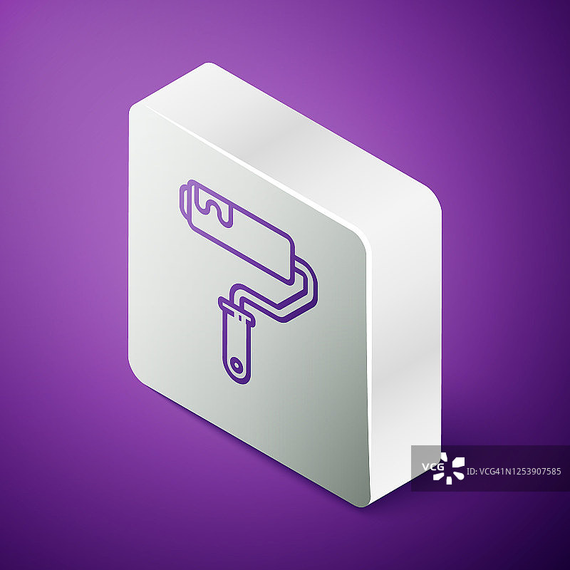 2.5D线条油漆滚筒刷图标，紫色背景银色正方形按钮矢量图图片素材